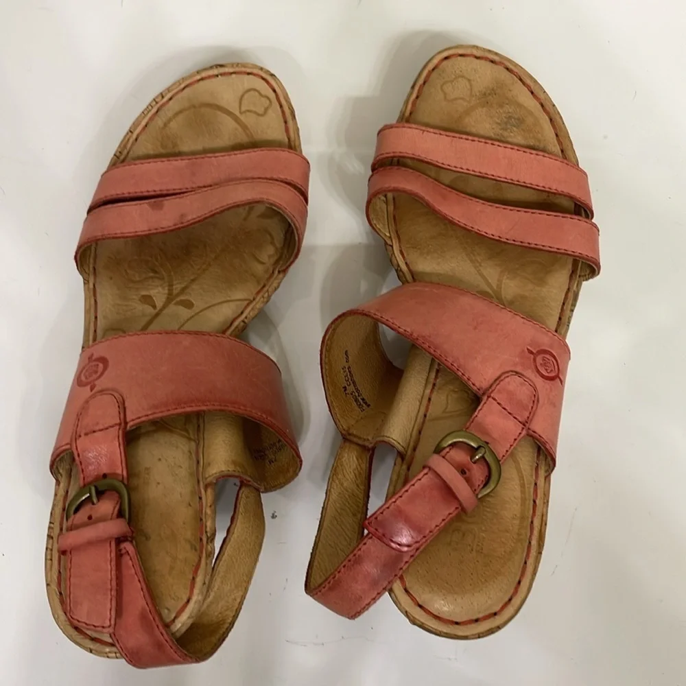 Born‎ Amabel Salmon Pink Leather Wedge Sandals Heel Summer Womens Size 7